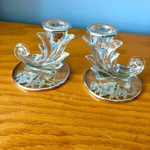Pair of Fostoria Baroque crystal candlestick holders with silver overlay